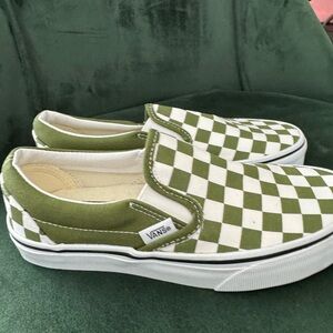 Sold Vans Olive Green and White Checkered Slip-Ons